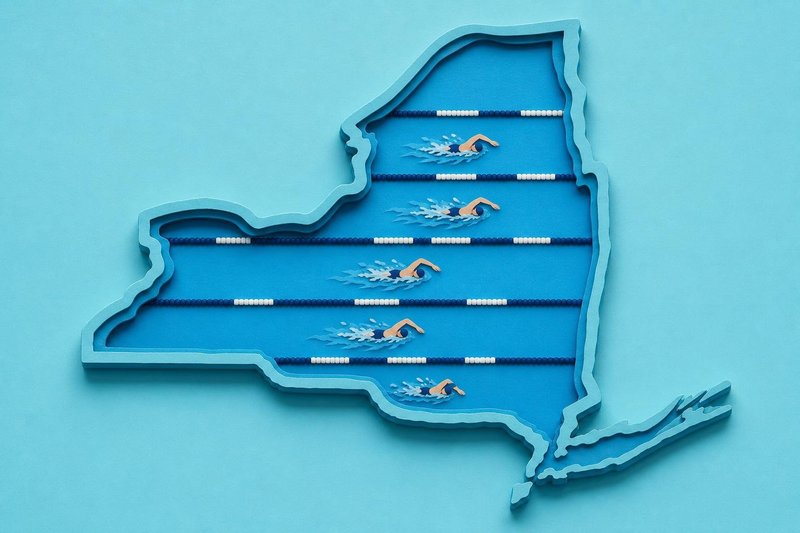 Paper-cut illustration of a swimming pool shaped like New York State, with swimmers racing in its lanes